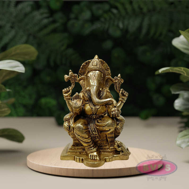 Brass Lord Ganesha Idol Sitting on Throne – 6.5 Inch Decorative Statue