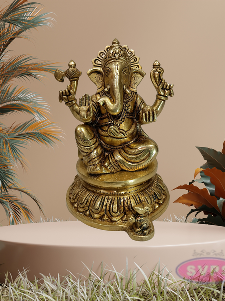 Golden Finish Brass Ganesh Statue for Pooja & Home Décor