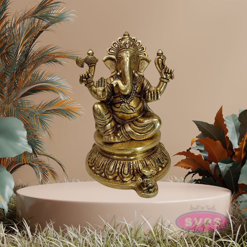 Golden Finish Brass Ganesh Statue for Pooja & Home Décor