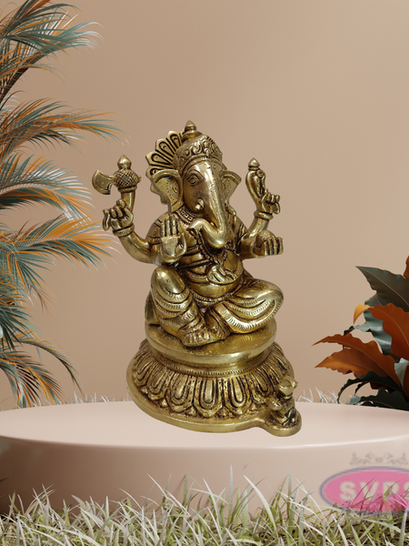 Golden Finish Brass Ganesh Statue for Pooja & Home Décor