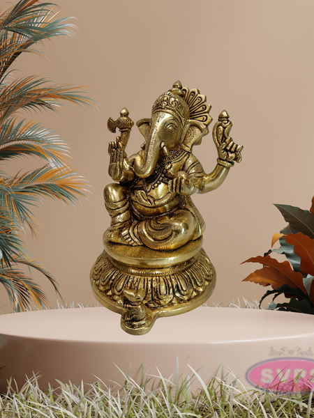 Golden Finish Brass Ganesh Statue for Pooja & Home Décor