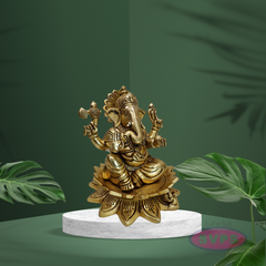 Antique Finish Brass Lotus Ganesha Idol with Traditional Design