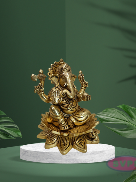 Antique Finish Brass Lotus Ganesha Idol with Traditional Design