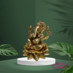 Antique Finish Brass Lotus Ganesha Idol with Traditional Design