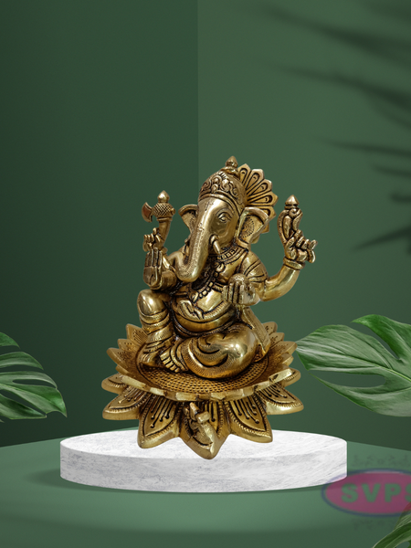 Antique Finish Brass Lotus Ganesha Idol with Traditional Design