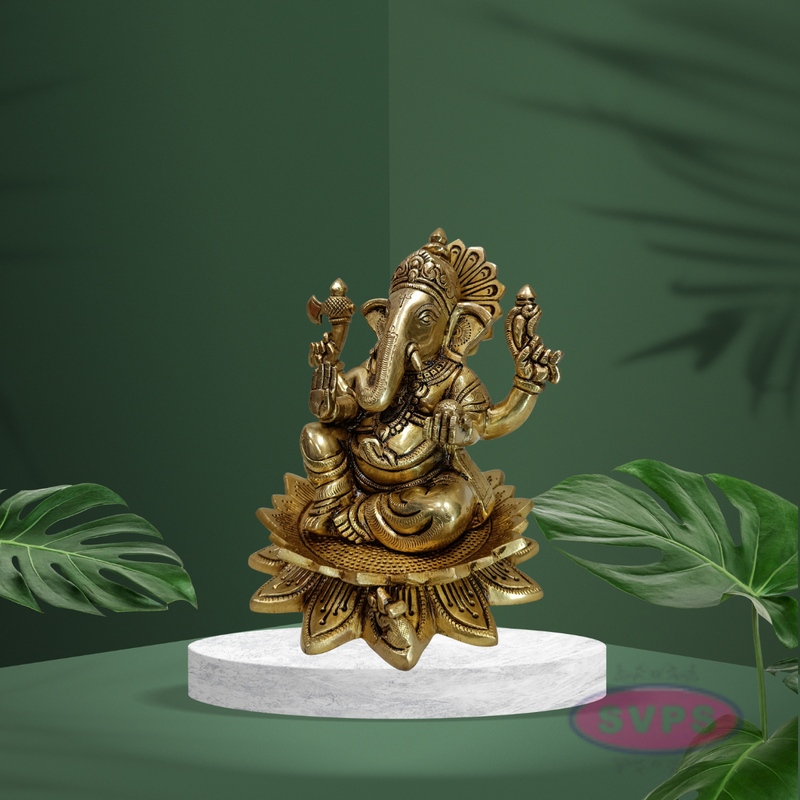 Antique Finish Brass Lotus Ganesha Idol with Traditional Design
