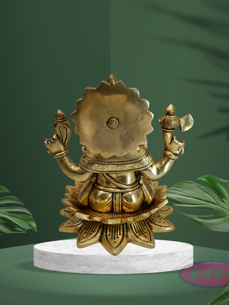 Antique Finish Brass Lotus Ganesha Idol with Traditional Design