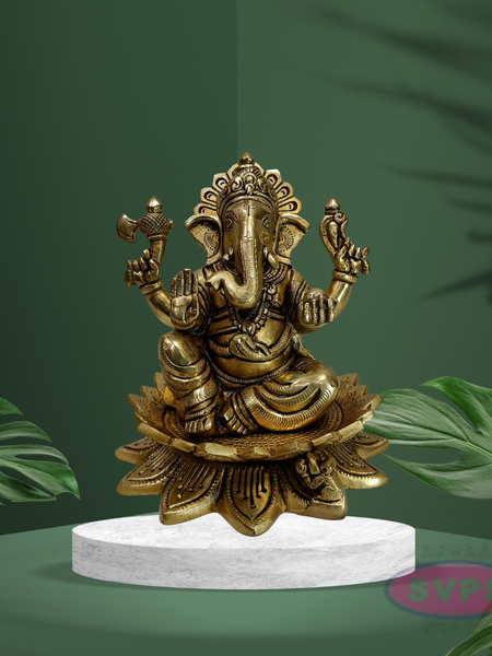 Antique Finish Brass Lotus Ganesha Idol with Traditional Design
