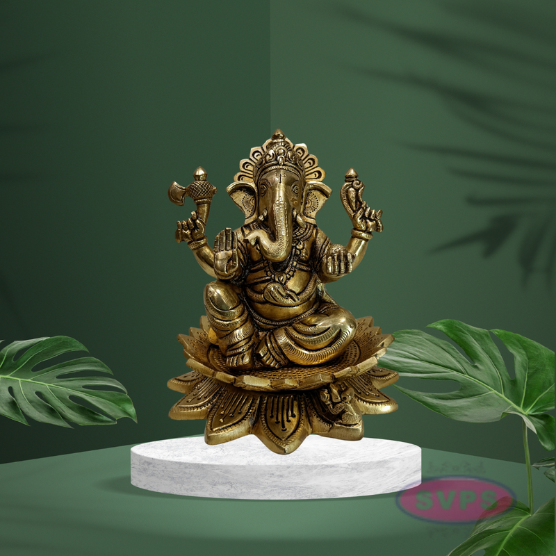 Antique Finish Brass Lotus Ganesha Idol with Traditional Design