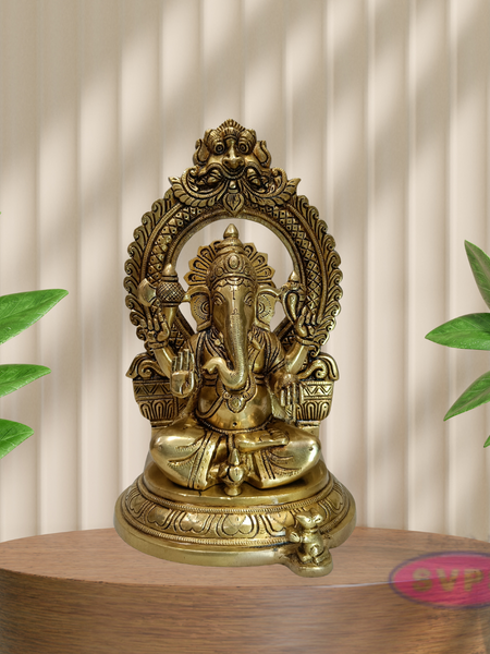 Antique Finish Brass Lord Ganesha Idol with Decorative Temple Arch