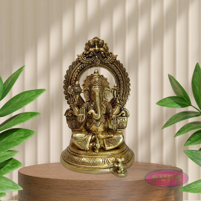 Antique Finish Brass Lord Ganesha Idol with Decorative Temple Arch
