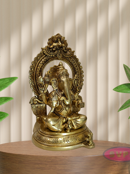 Antique Finish Brass Lord Ganesha Idol with Decorative Temple Arch