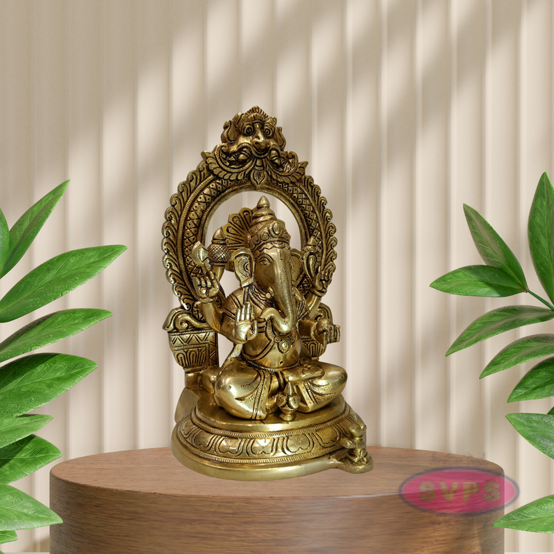 Antique Finish Brass Lord Ganesha Idol with Decorative Temple Arch