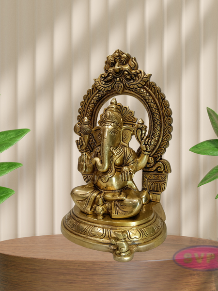 Antique Finish Brass Lord Ganesha Idol with Decorative Temple Arch