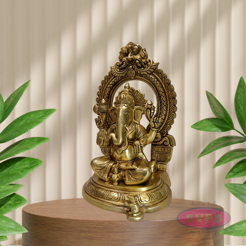 Antique Finish Brass Lord Ganesha Idol with Decorative Temple Arch