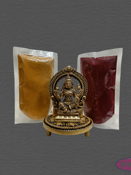 Brass Mahalakshmi Pooja Combo – Lakshmi Idol, Brass Chowki & Kumkum Manjal