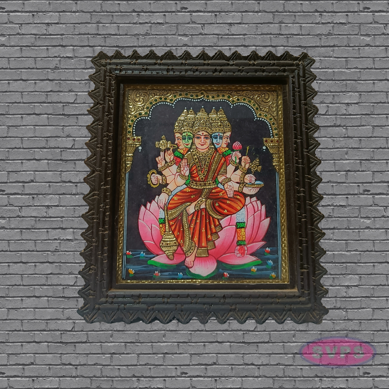 Gayathree Devi Tanjore Art with Antique Finish Teak Wood Frame