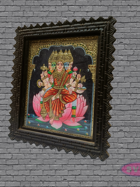 Gayathree Devi Tanjore Art with Antique Finish Teak Wood Frame