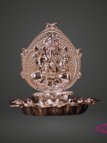 Silver Finish Lord Ganesha Decorative Pooja Diya with Base Plate