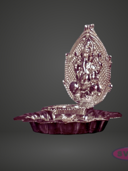 Silver Finish Lord Ganesha Decorative Pooja Diya with Base Plate