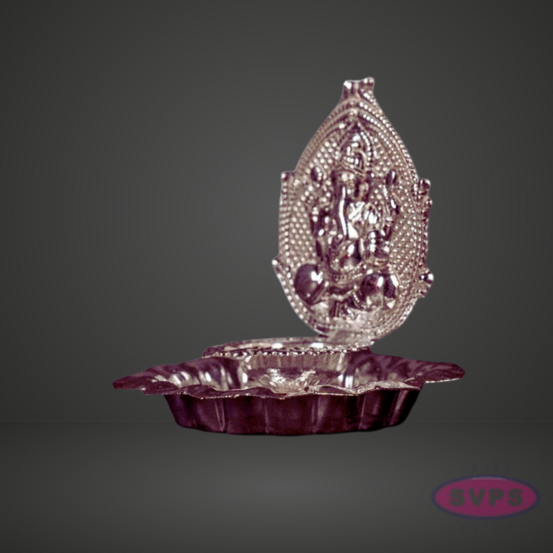 Silver Finish Lord Ganesha Decorative Pooja Diya with Base Plate