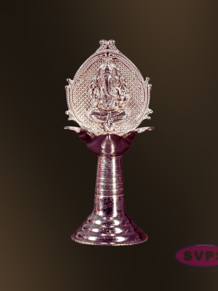 Silver Finish Lord Ganesha Pooja Diya with Long Stand Base
