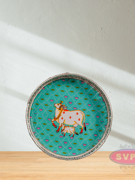 German Silver Round Shape Cow & Calf With Lotus Tray