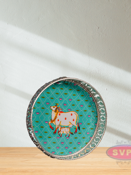 German Silver Round Shape Cow & Calf With Lotus Tray