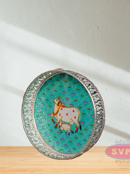 German Silver Round Shape Cow & Calf With Lotus Tray