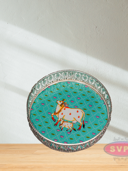 German Silver Round Shape Cow & Calf With Lotus Tray
