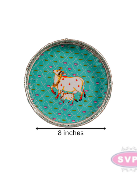 German Silver Round Shape Cow & Calf With Lotus Tray