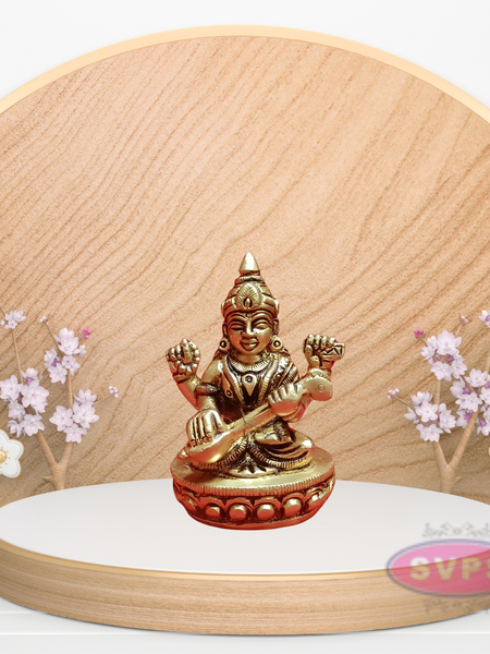 Goddess Saraswati Small Brass Idol For Knowledge, Music, Arts and Wisdom