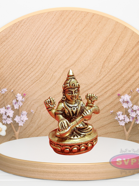 Goddess Saraswati Small Brass Idol For Knowledge, Music, Arts and Wisdom