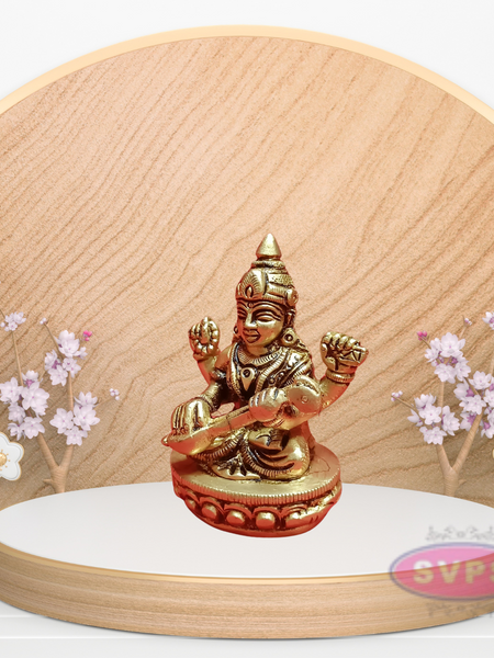 Goddess Saraswati Small Brass Idol For Knowledge, Music, Arts and Wisdom