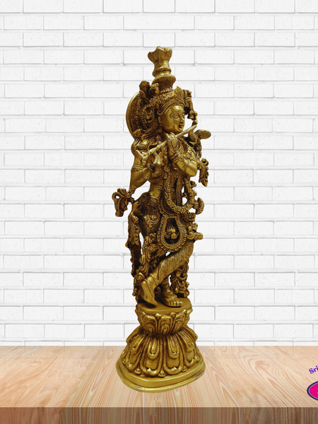 Sri Krishna Brass Murti with Flute – Decorative Pooja Idol