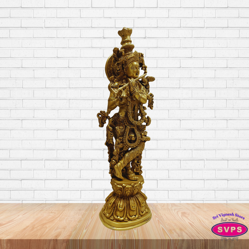 Sri Krishna Brass Murti with Flute – Decorative Pooja Idol