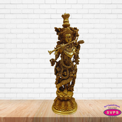 Sri Krishna Brass Murti with Flute – Decorative Pooja Idol