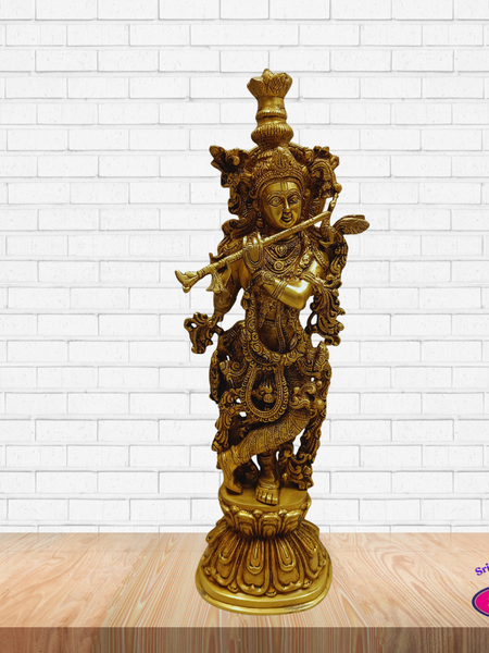 Sri Krishna Brass Murti with Flute – Decorative Pooja Idol