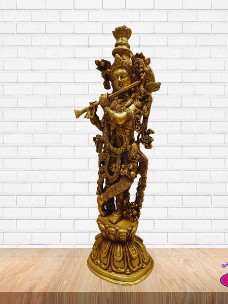 Sri Krishna Brass Murti with Flute – Decorative Pooja Idol