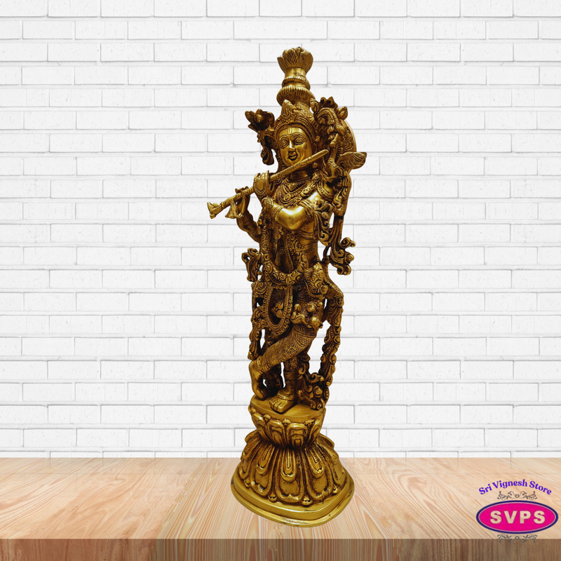 Sri Krishna Brass Murti with Flute – Decorative Pooja Idol