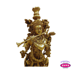 Sri Krishna Brass Murti with Flute – Decorative Pooja Idol