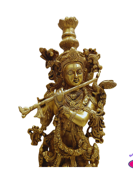 Sri Krishna Brass Murti with Flute – Decorative Pooja Idol