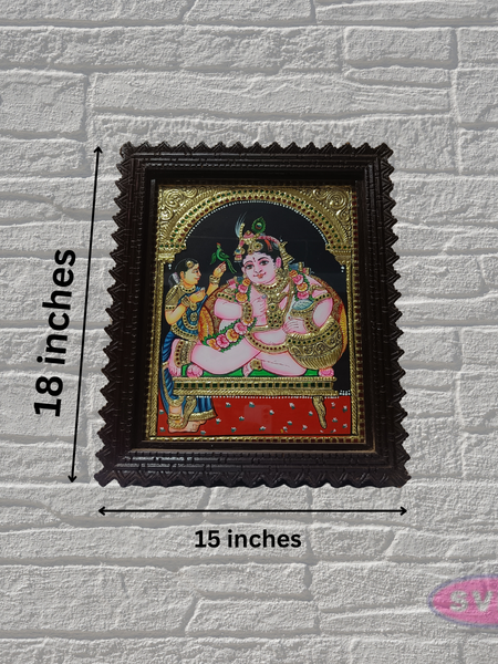 Baby Krishna Tanjore Painting with Teak Wood Frame | Butter Krishna Wall Decor | Pooja Room Art