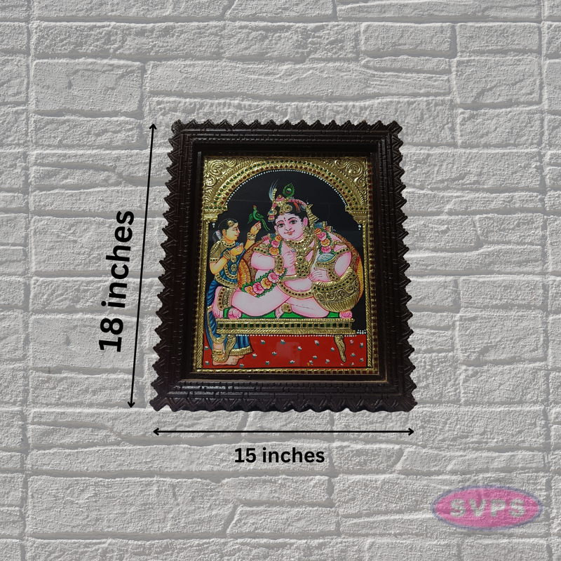 Baby Krishna Tanjore Painting with Teak Wood Frame | Butter Krishna Wall Decor | Pooja Room Art