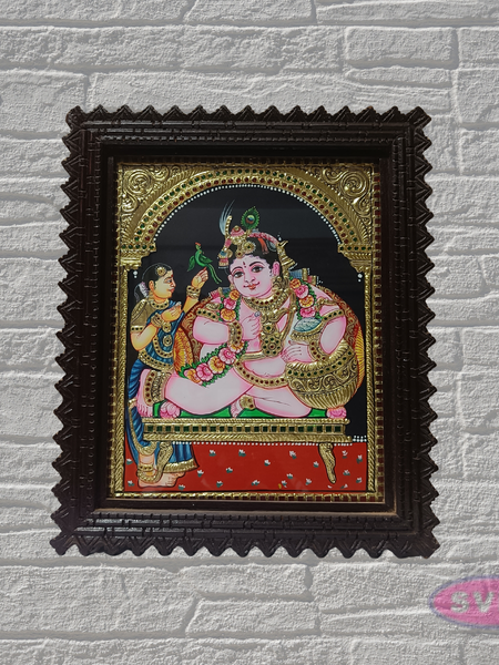 Baby Krishna Tanjore Painting with Teak Wood Frame | Butter Krishna Wall Decor | Pooja Room Art