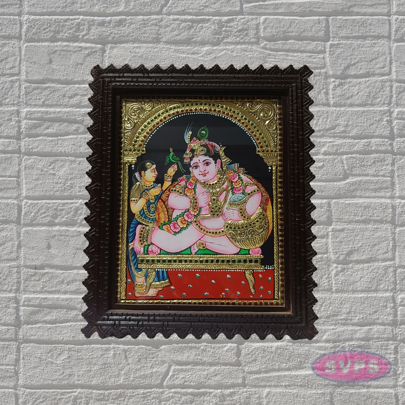 Baby Krishna Tanjore Painting with Teak Wood Frame | Butter Krishna Wall Decor | Pooja Room Art