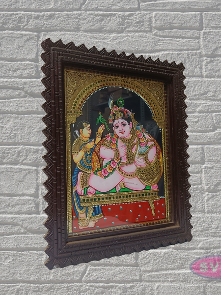 Baby Krishna Tanjore Painting with Teak Wood Frame | Butter Krishna Wall Decor | Pooja Room Art