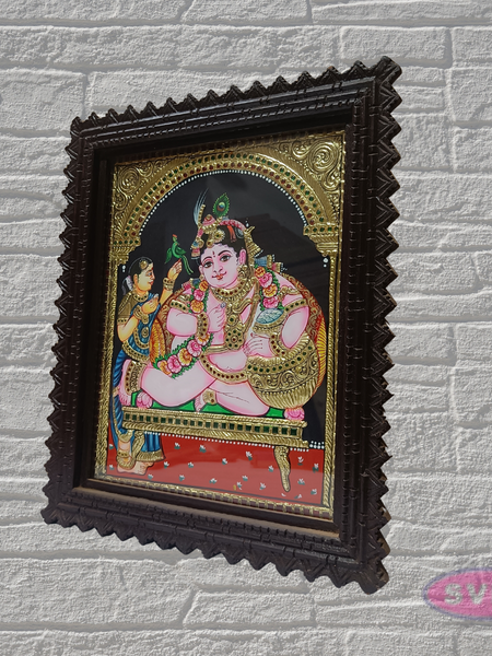 Baby Krishna Tanjore Painting with Teak Wood Frame | Butter Krishna Wall Decor | Pooja Room Art