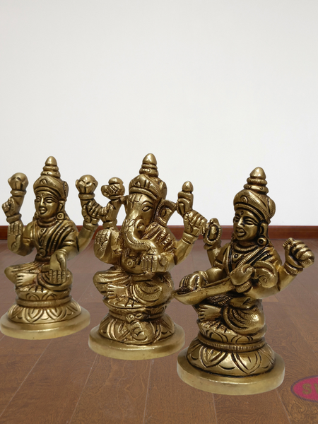 Handcrafted Brass Lakshmi Ganesh Saraswati Statue Set