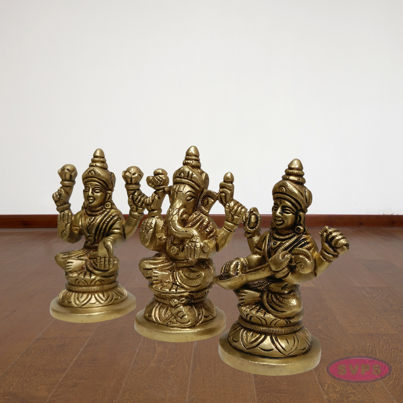 Handcrafted Brass Lakshmi Ganesh Saraswati Statue Set